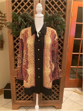 Kenneth Jay Lane 100% Silk Leopard Paisley Button Front Blouse Size M